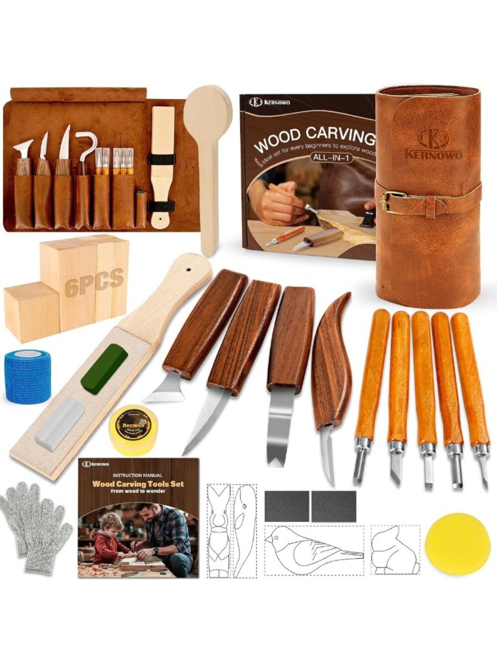32-Piece Wood Carving Tool Set with Storage Bag, Knives & Templates for DIY